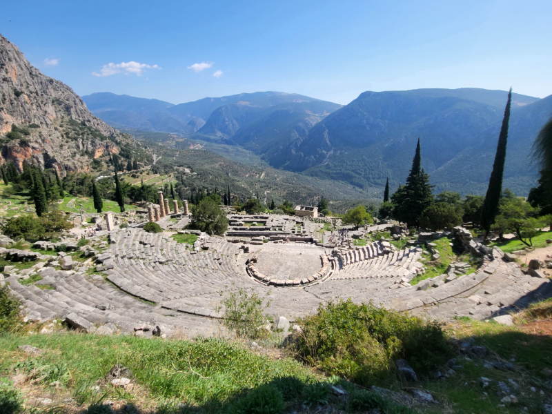 Ancient theatre of Delphi overlooking the valley, visited on a Delphi day trip from Athens