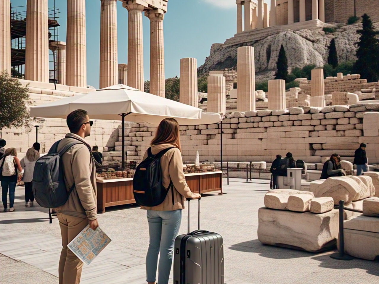 Tourists enjoying Athens Half-Day Tours with views of the Acropolis, walking through Plaka’s charming streets, guided by a local expert under sunny skies.